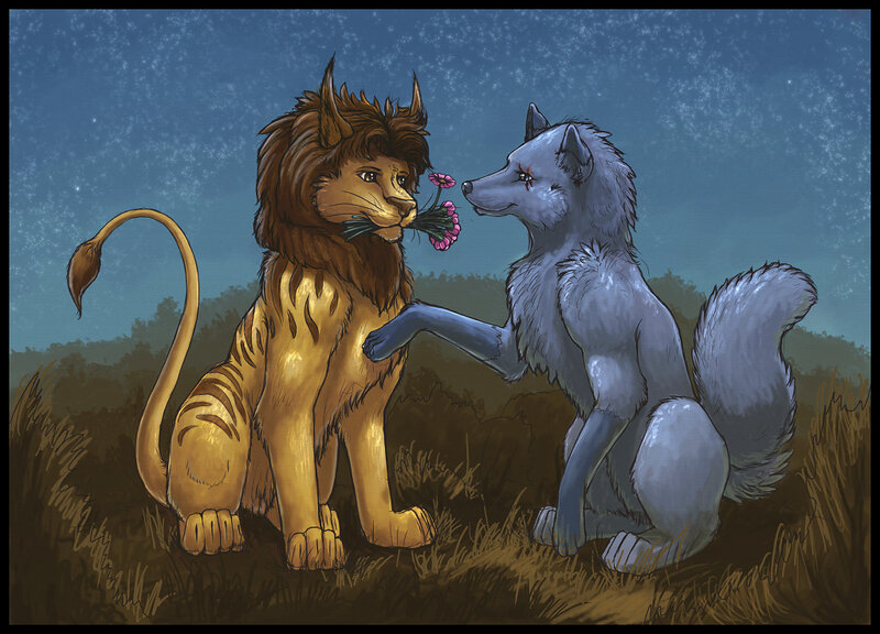 Lion and Wolf with Flowers