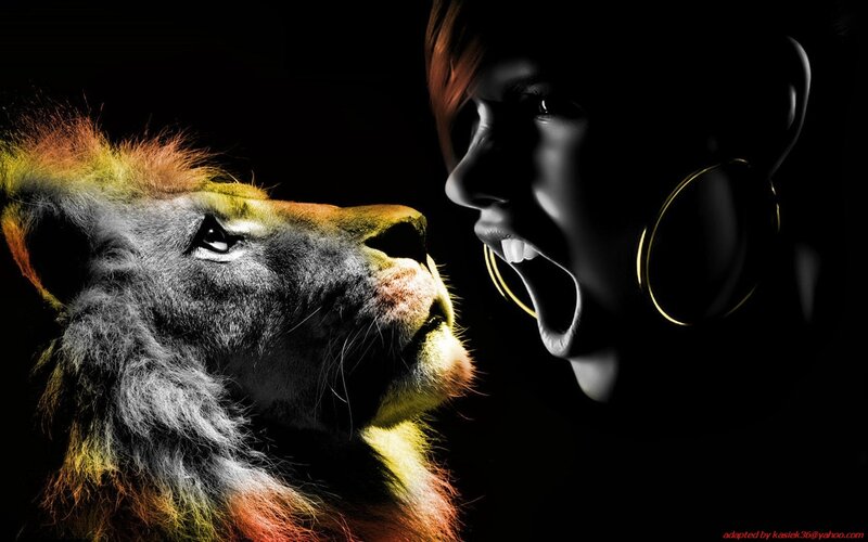 Lion and Woman Face-off