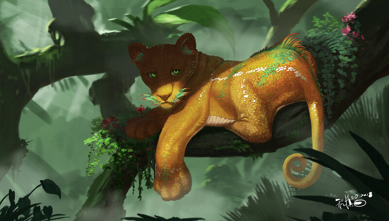 Lion Cub on Tree Branch — Green
