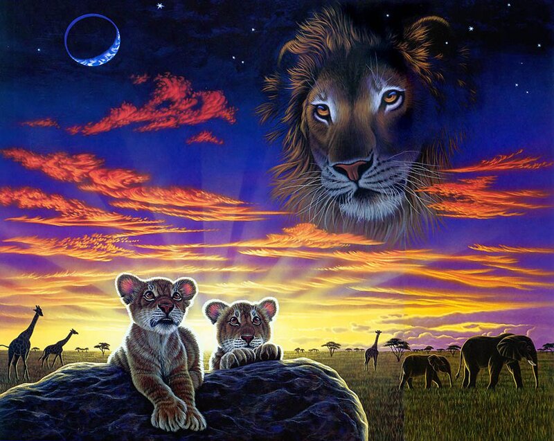Lion Cubs on Rock — Blue