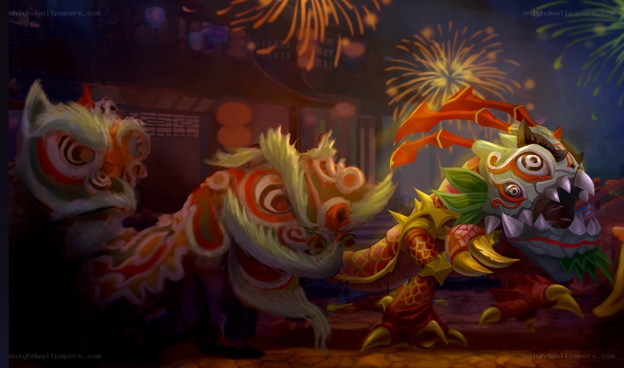 Lion dance characters in celebration