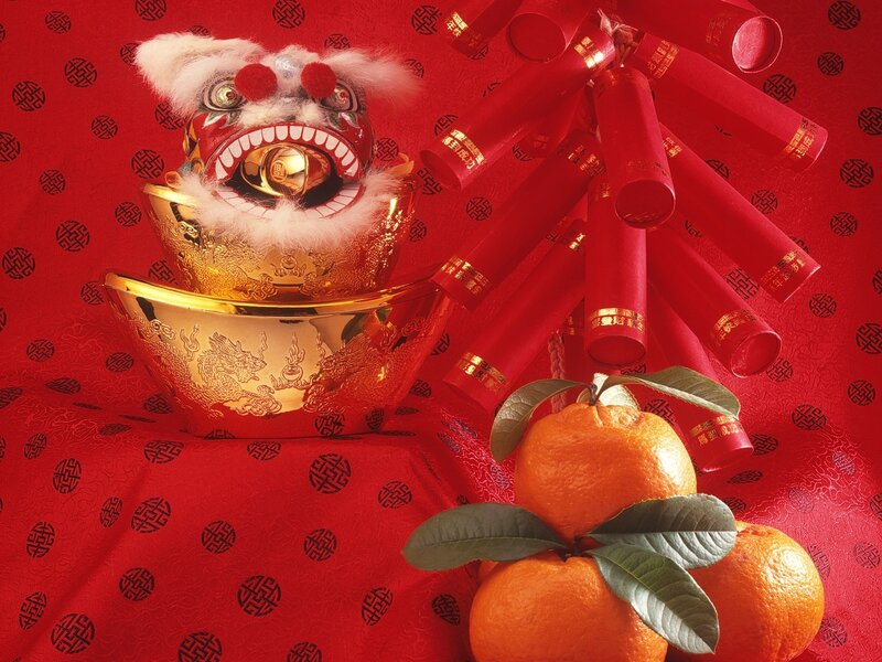 Lion Dance Head and Gold Ingots