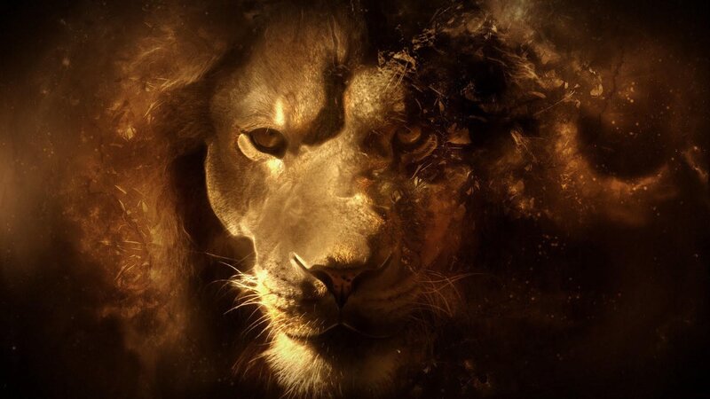 Lion Face in Dust — Brown, Dramatic, Digital Art, Lighting