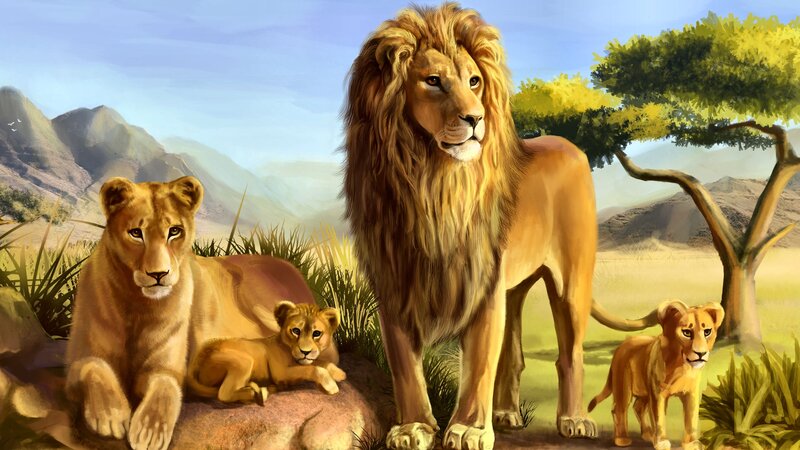 Lion Family in Savanna — Brown, Serene, Afternoon