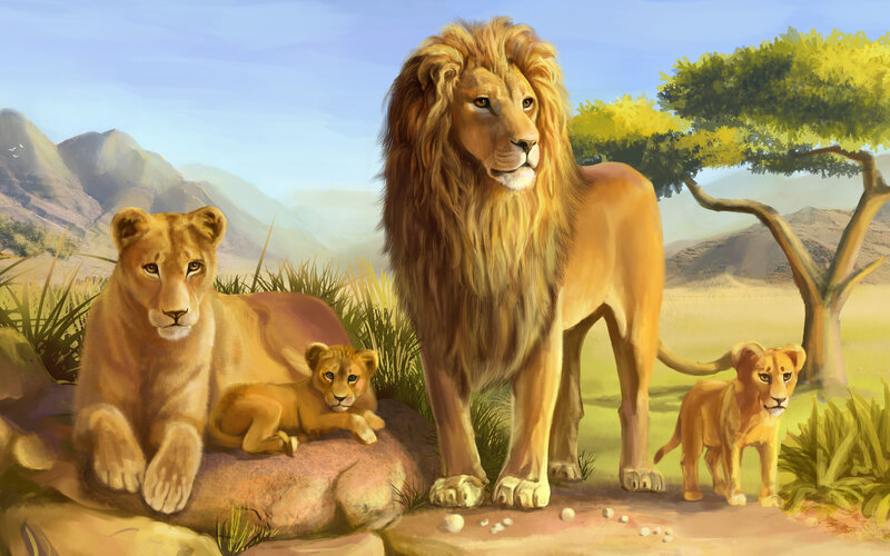 Lion Family in Savanna — Brown, Serene