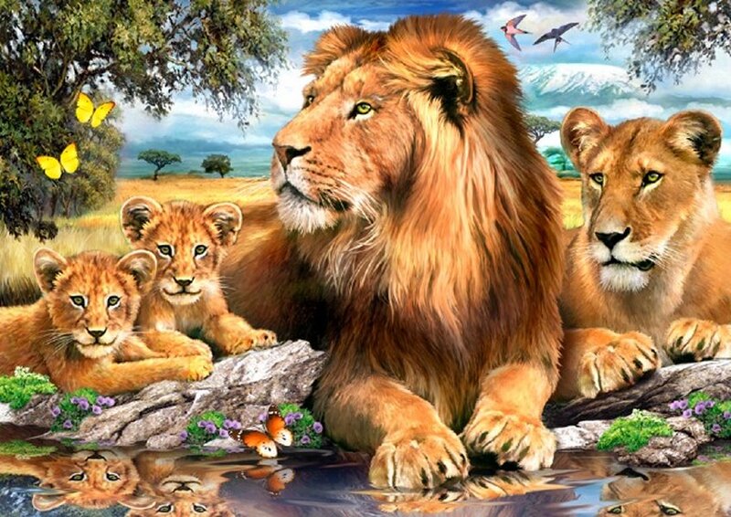 Lion Family in Savanna — Brown