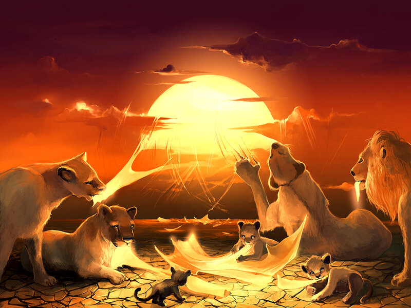 Lion Family in Savanna — Orange, Dramatic