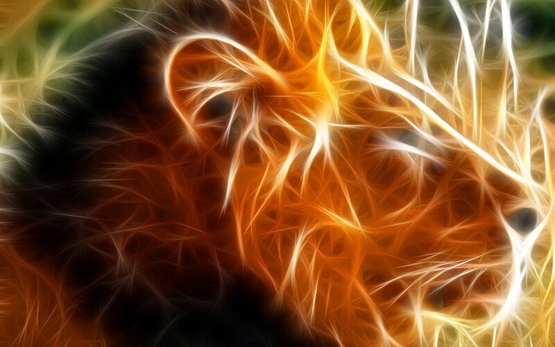 Lion Head in Flames — Orange, Dramatic, Digital Art