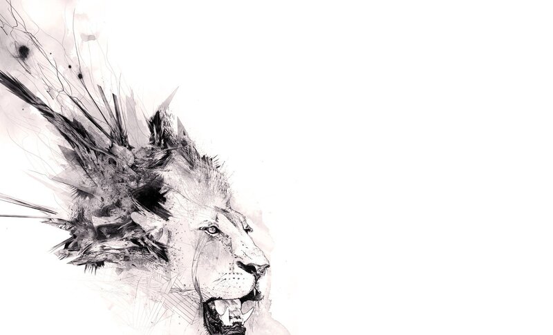 Lion Head in Profile — Black, Dramatic, Illustration