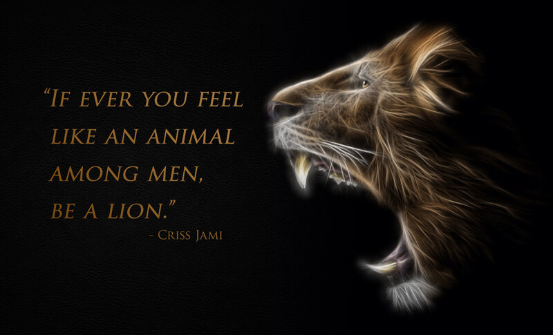 Lion Head Profile — Black, Dramatic, Digital Art, Quote