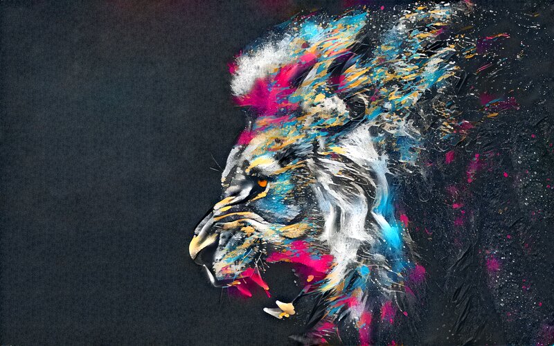 Lion Head Profile — Black, Dramatic, Digital Art, Splatter