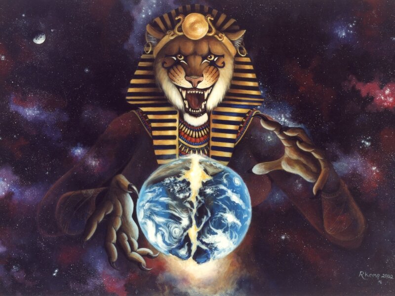 Lion-headed deity holds Earth