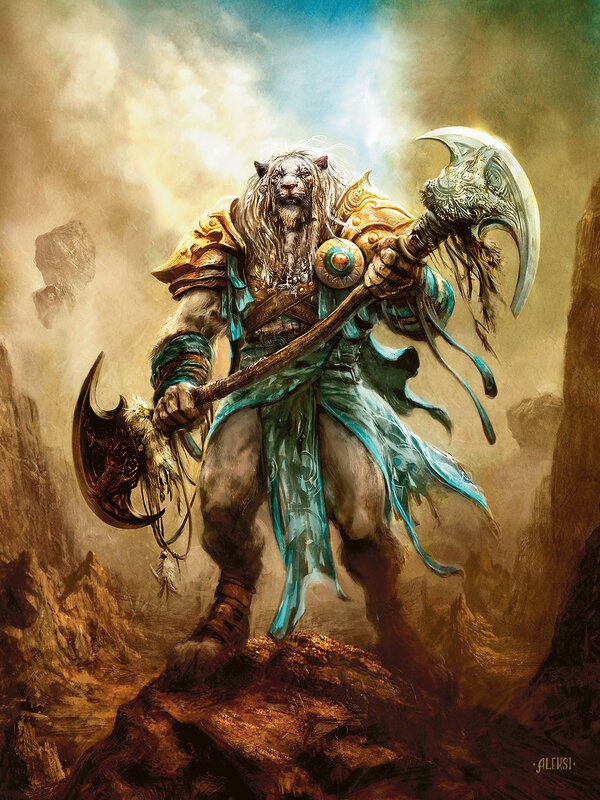Lion-headed Warrior — Brown, Dramatic, Digital Art, Axe