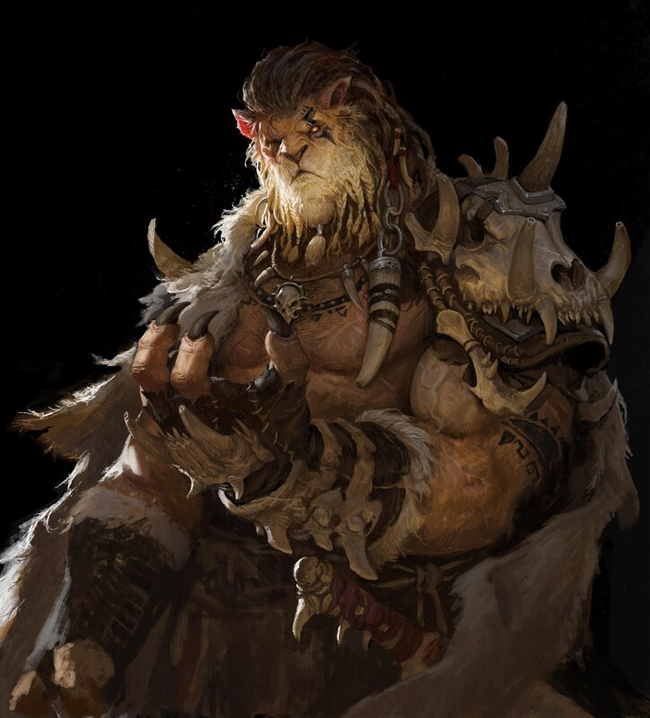 Lion-headed Warrior — Brown, Dramatic, Digital Art, Skull Armor