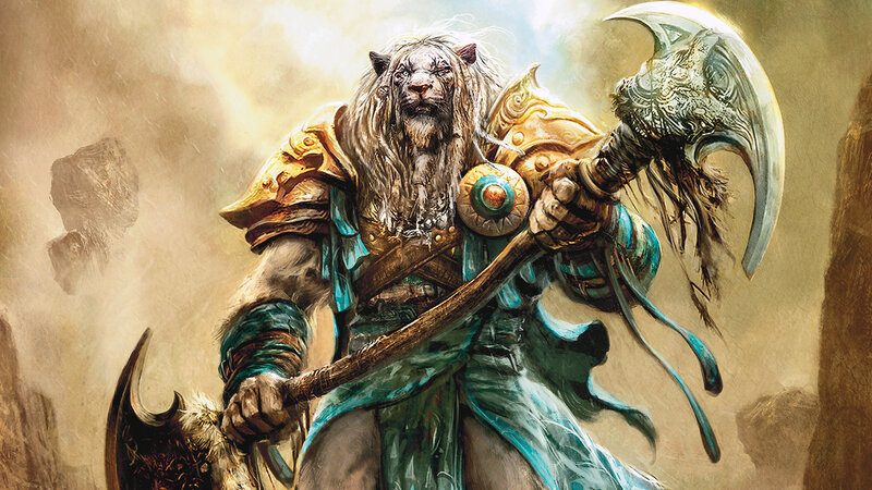 Lion-headed Warrior — Gold, Dramatic, Digital Art, Axe, Armor, Dust