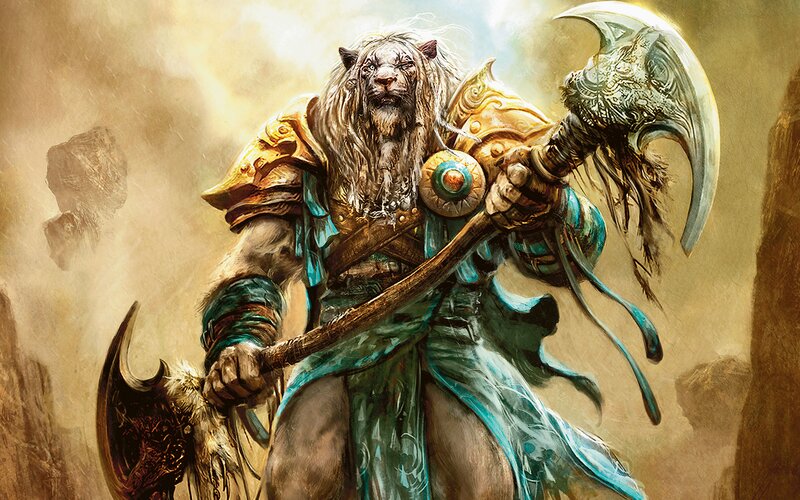 Lion-headed Warrior — Gold, Dramatic, Digital Art, Axe, Armor, Rocks