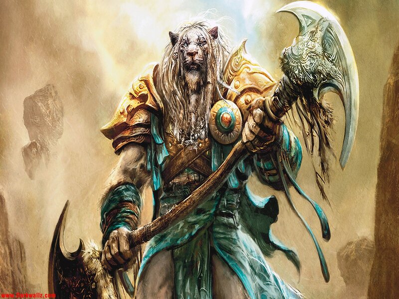 Lion-headed Warrior — Gold, Dramatic, Digital Art