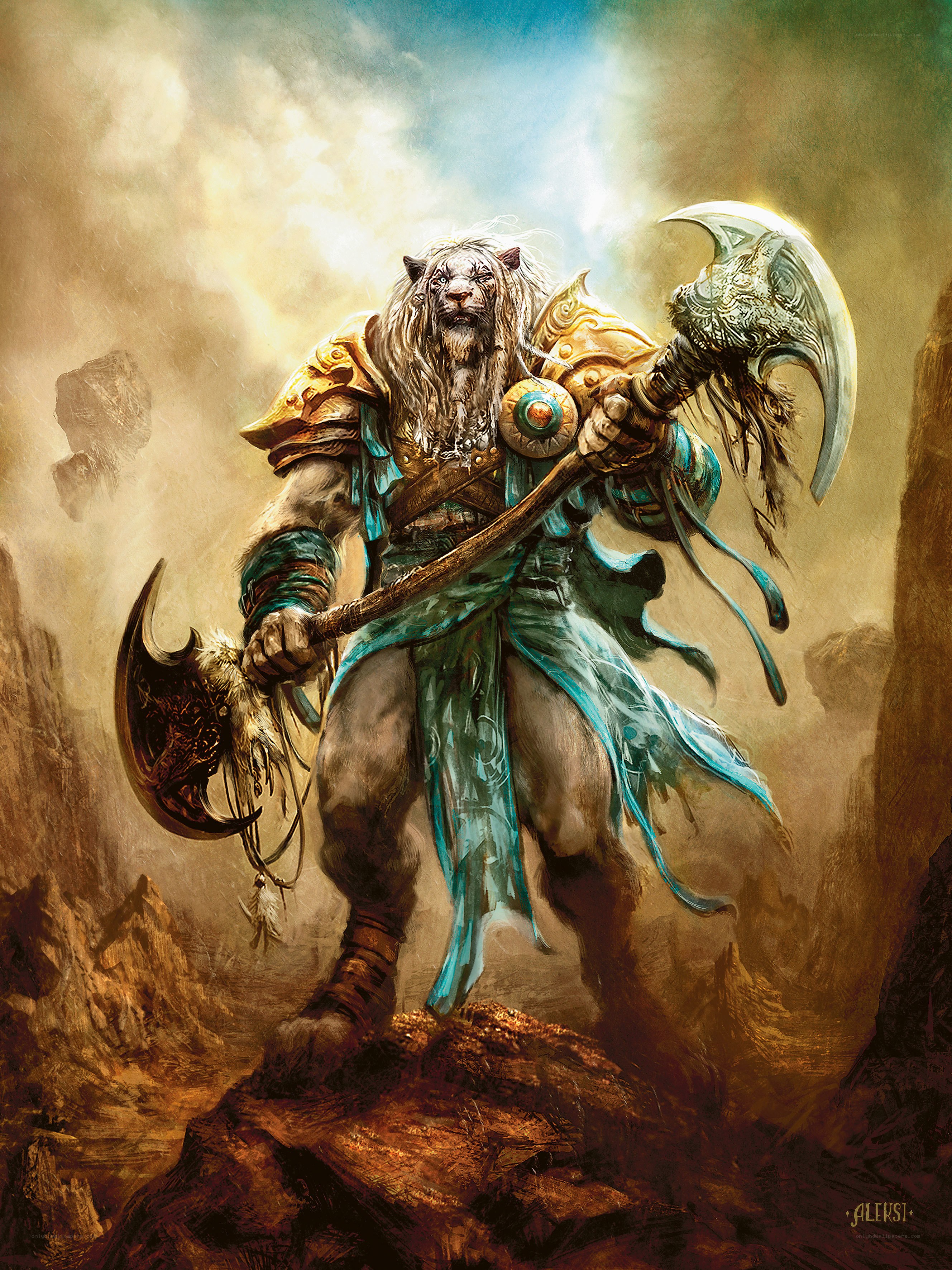 Lion-headed warrior with axes
