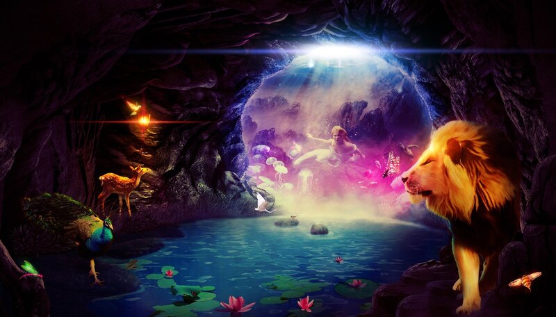Lion in Cave with Pond