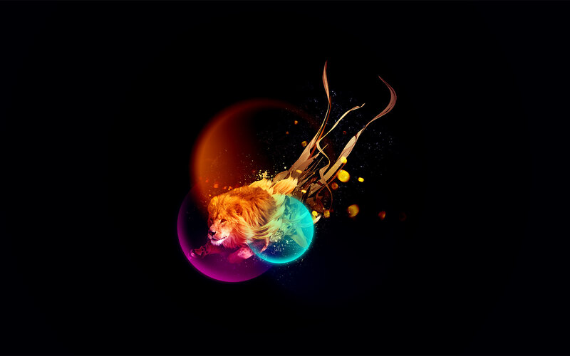 Lion in colorful energy spheres