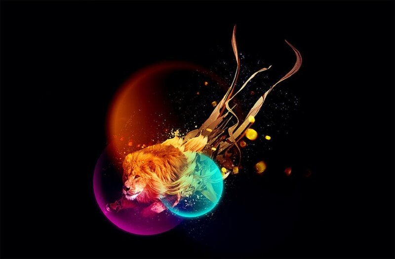 Lion in Colorful Sphere — Purple