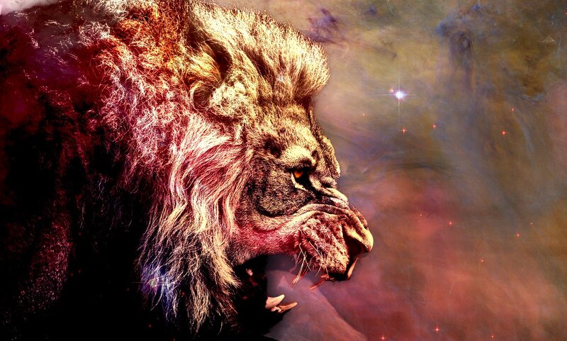 Lion in cosmic nebula