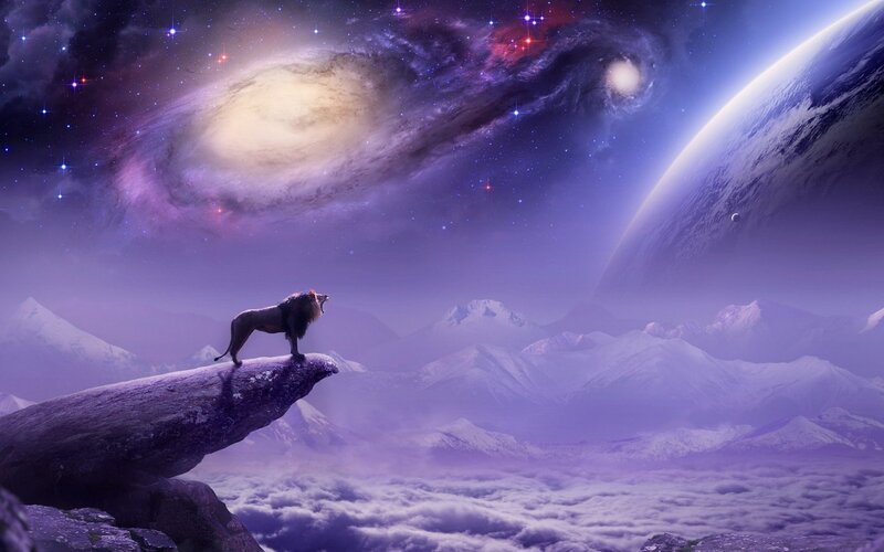 Lion on a Cliff — Purple, Dramatic