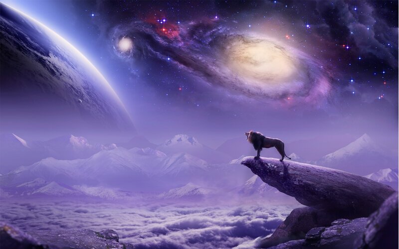 Lion on a Rock — Purple, Dramatic, Night, Digital Art