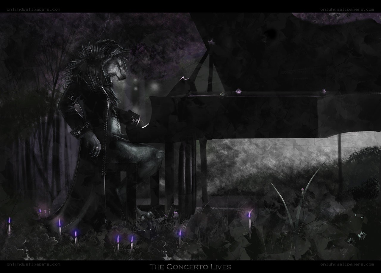 Lion playing piano in forest