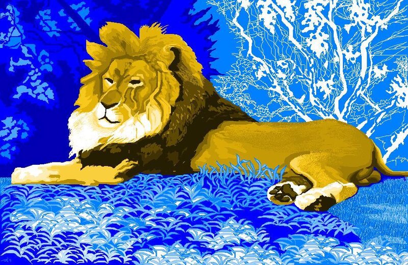 Lion resting in blue landscape