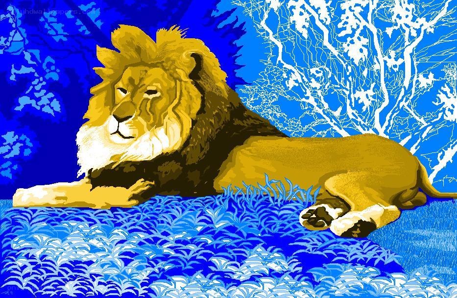 Lion resting in blue landscape