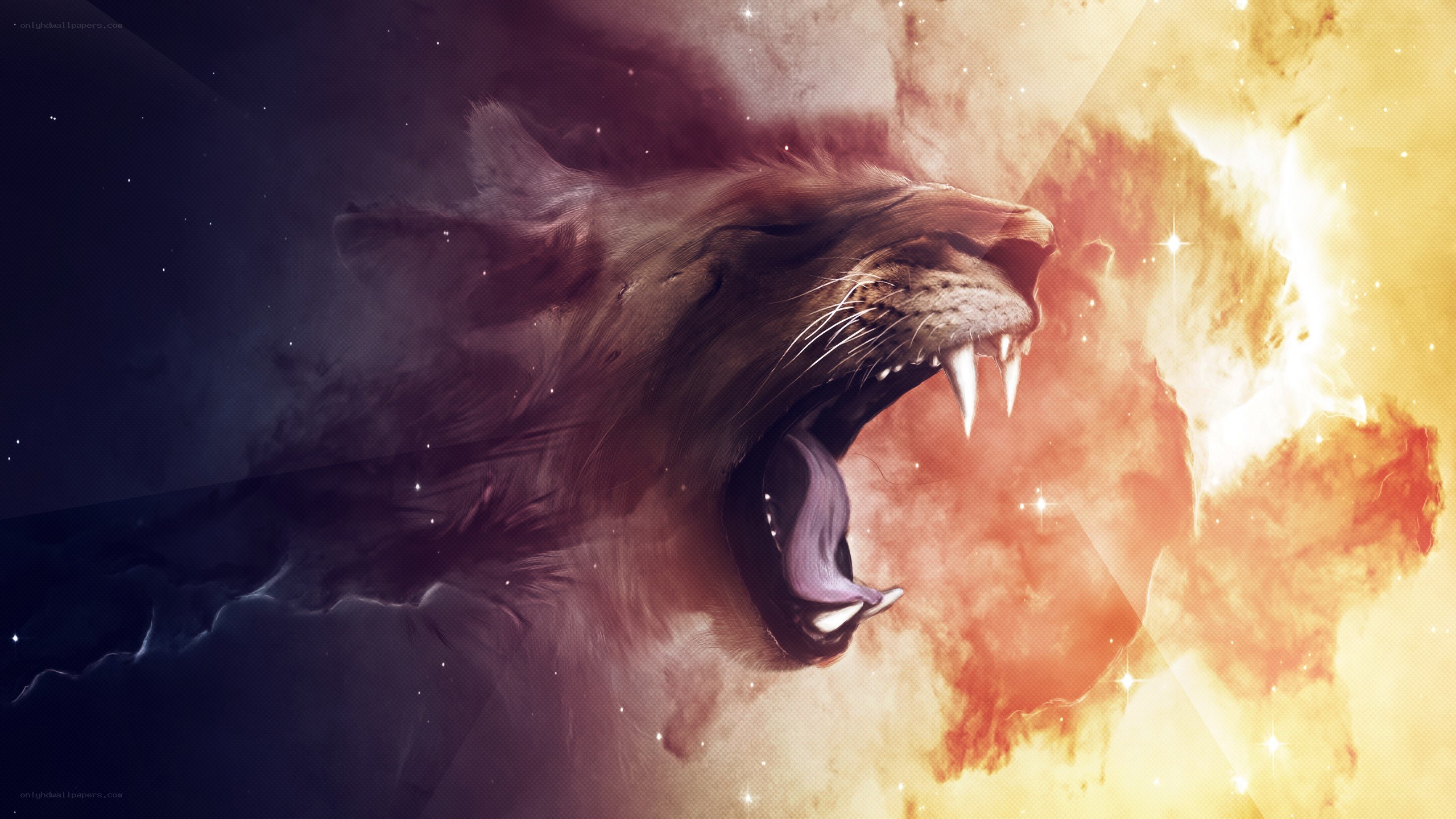 lion roaring in cosmic storm