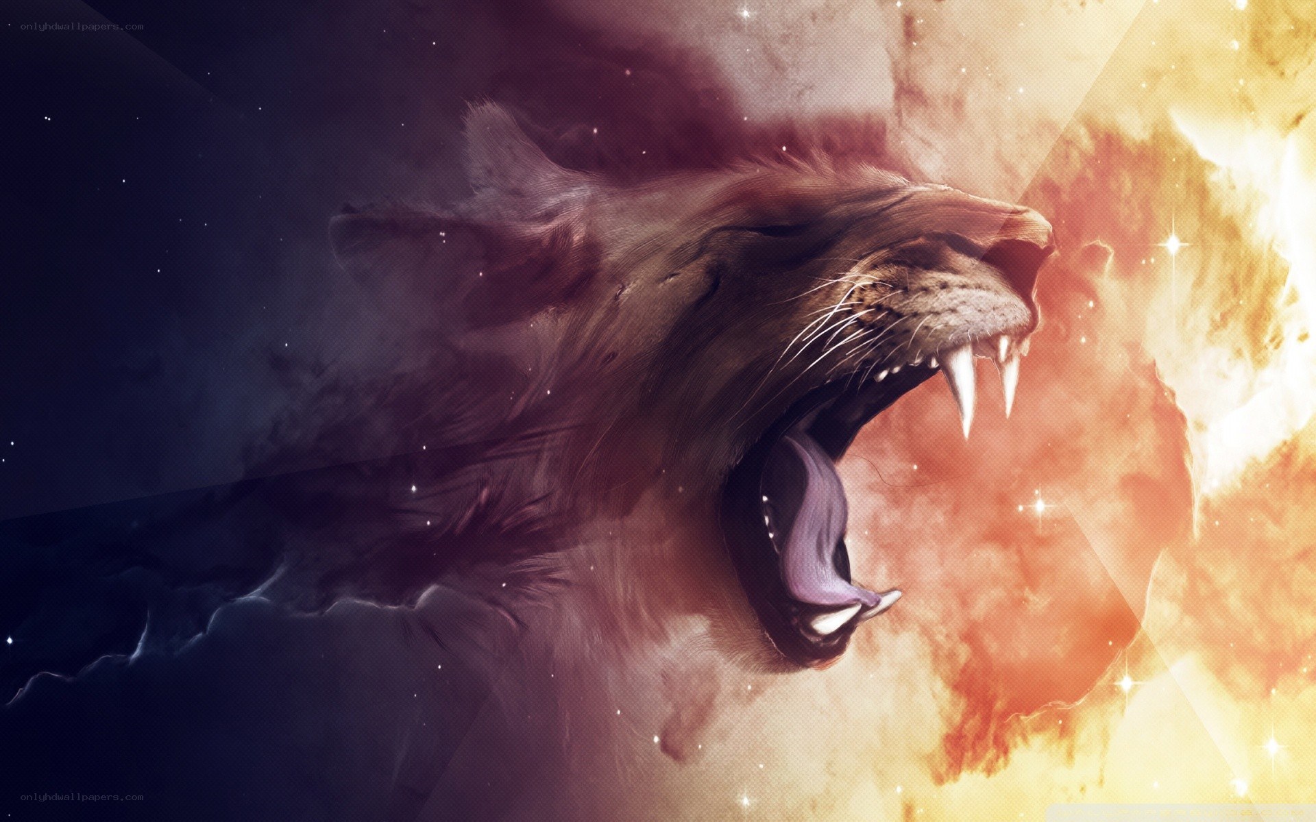 lion roaring in cosmic storm