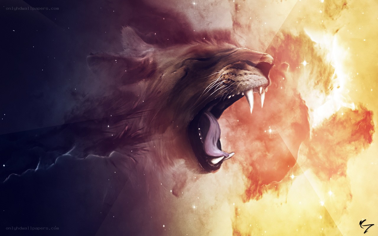 lion roaring in cosmic storm