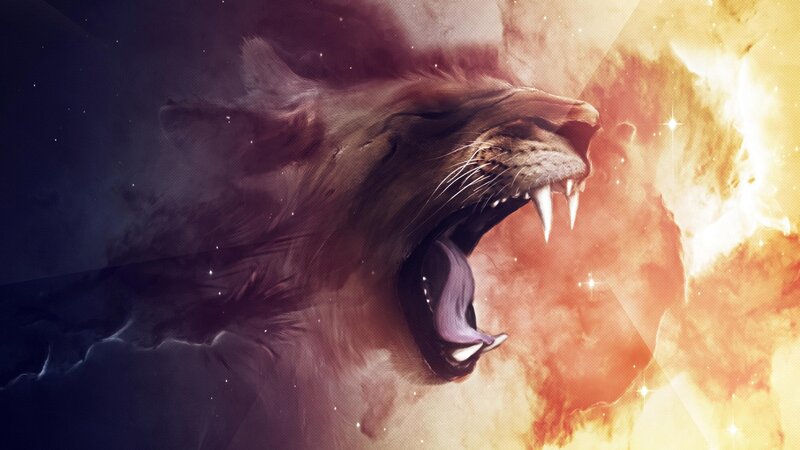 Lion Roaring in Space — Purple, Dramatic