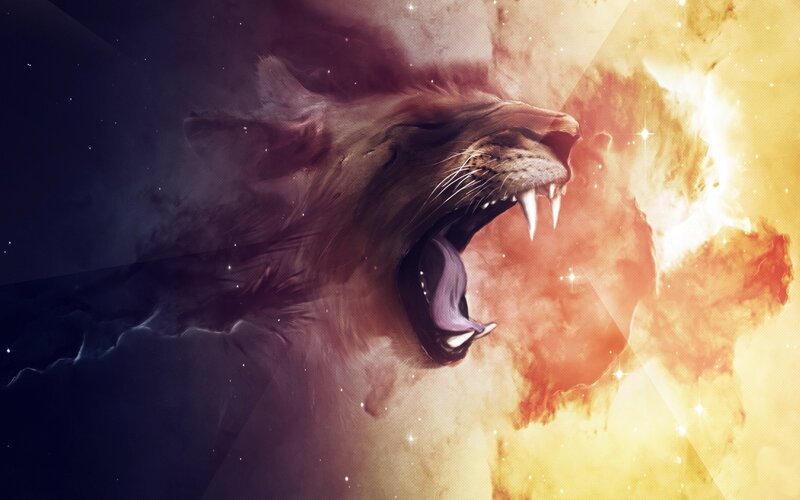 Lion Roaring in Space — Yellow, Dramatic, Digital Art
