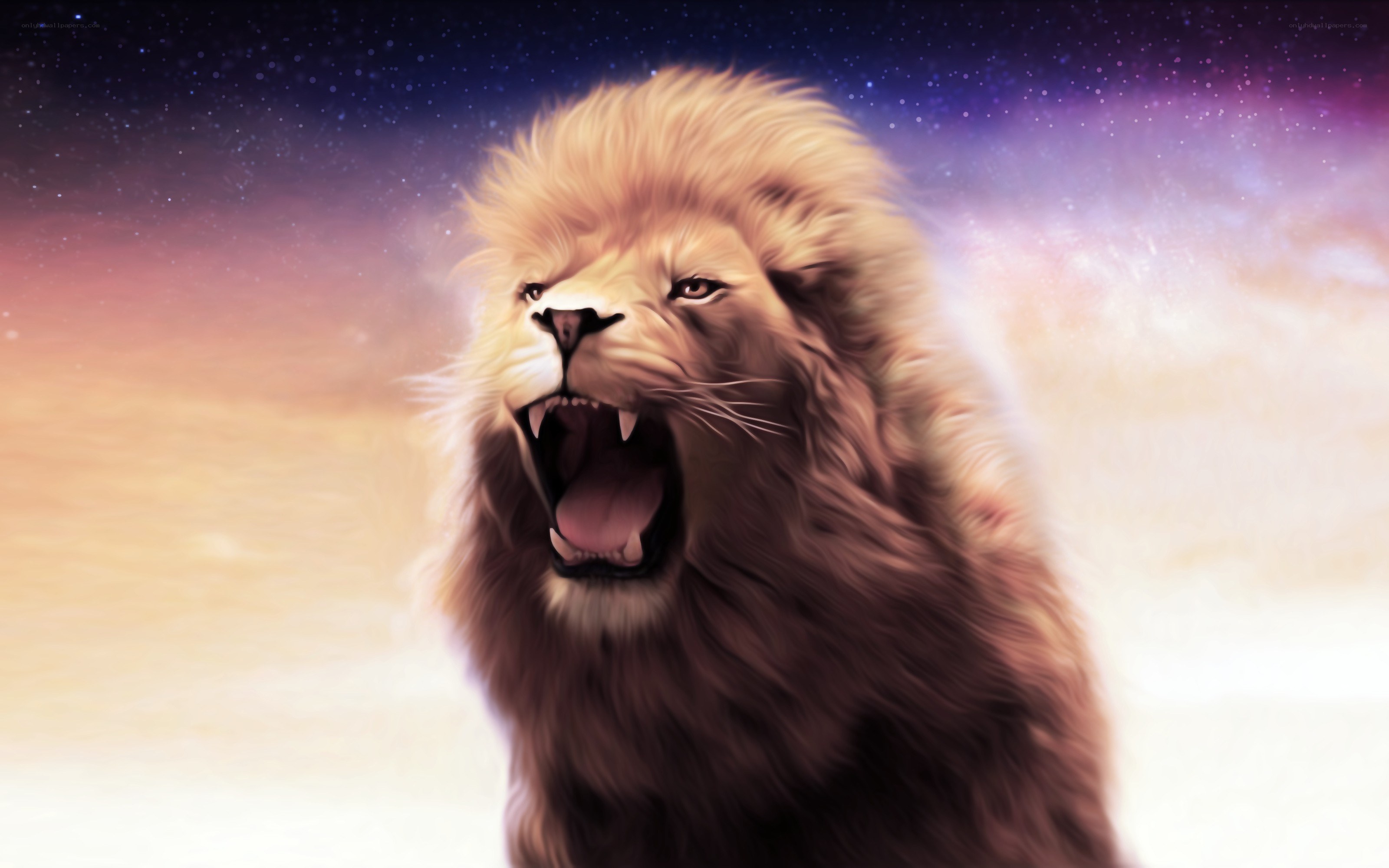 Lion roaring in starry sky
