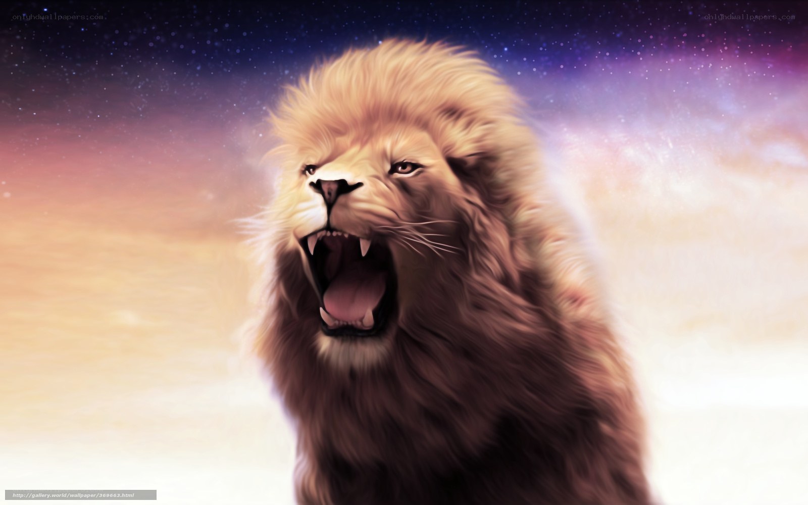 Lion roaring in starry sky