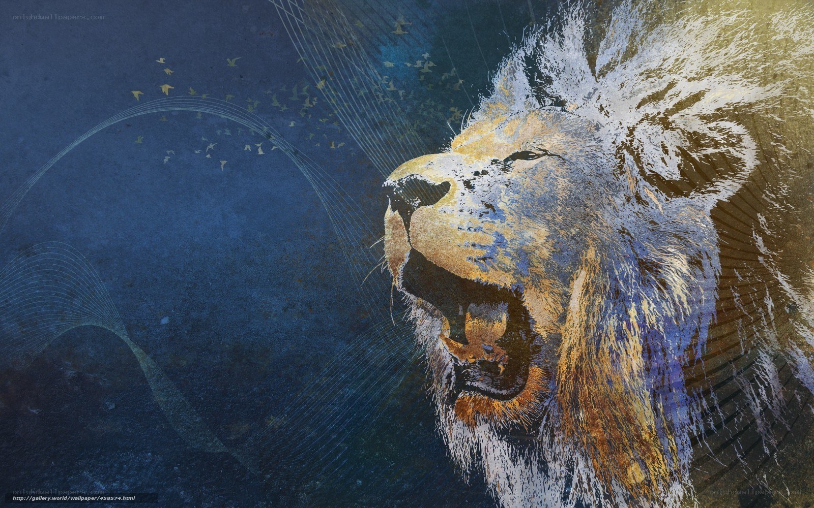Lion roaring with birds