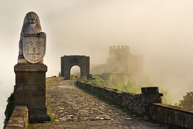 Lion statue at castle entrance