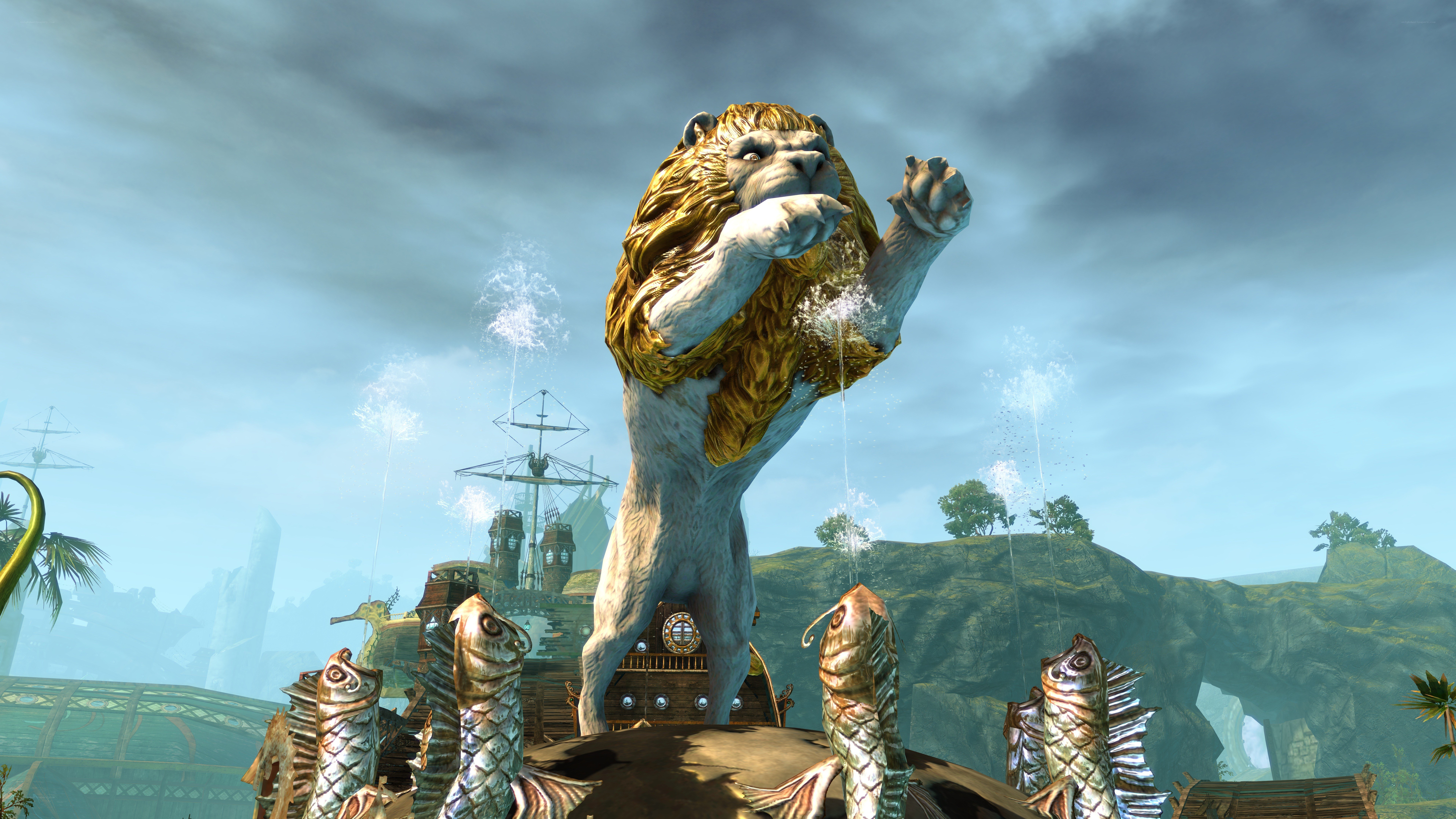 Lion statue fountain scene