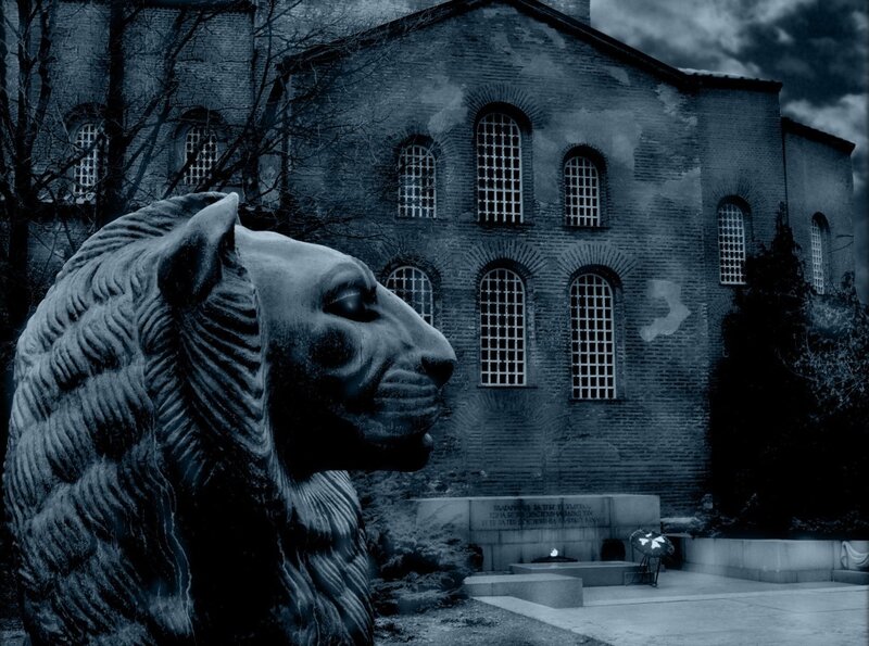 Lion statue in front of church