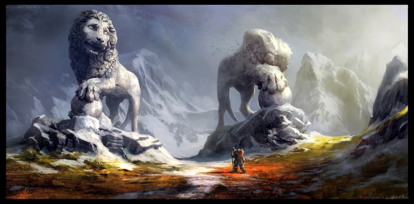 Lion statues in a mountain pass