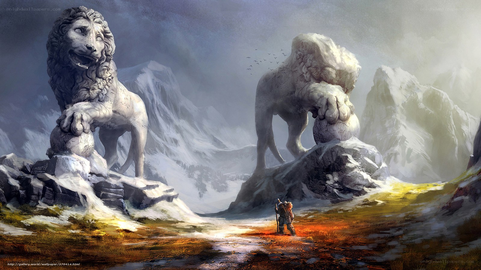 Lion statues in snowy mountains