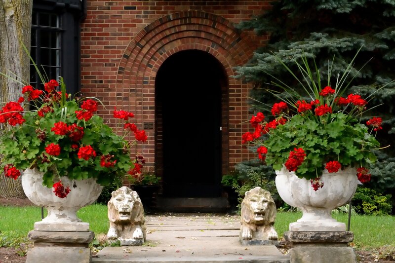 Lion Statues with Flowers