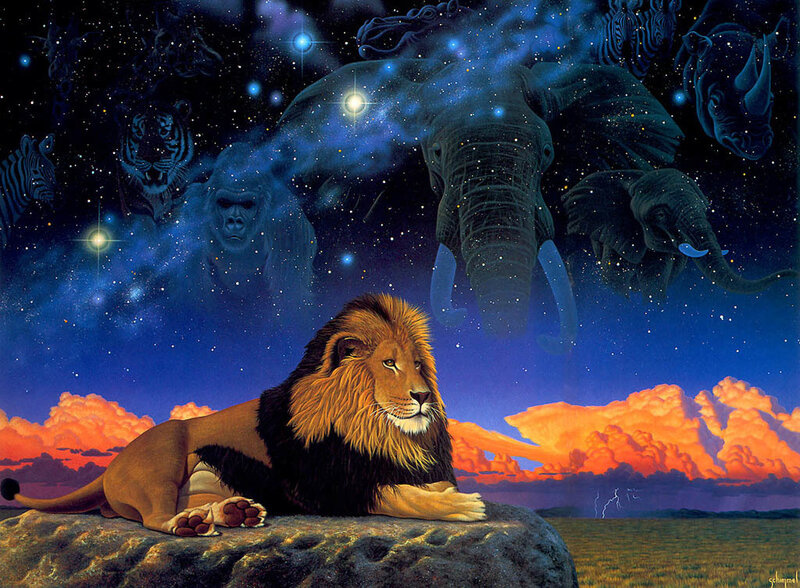 Lion under a starry sky