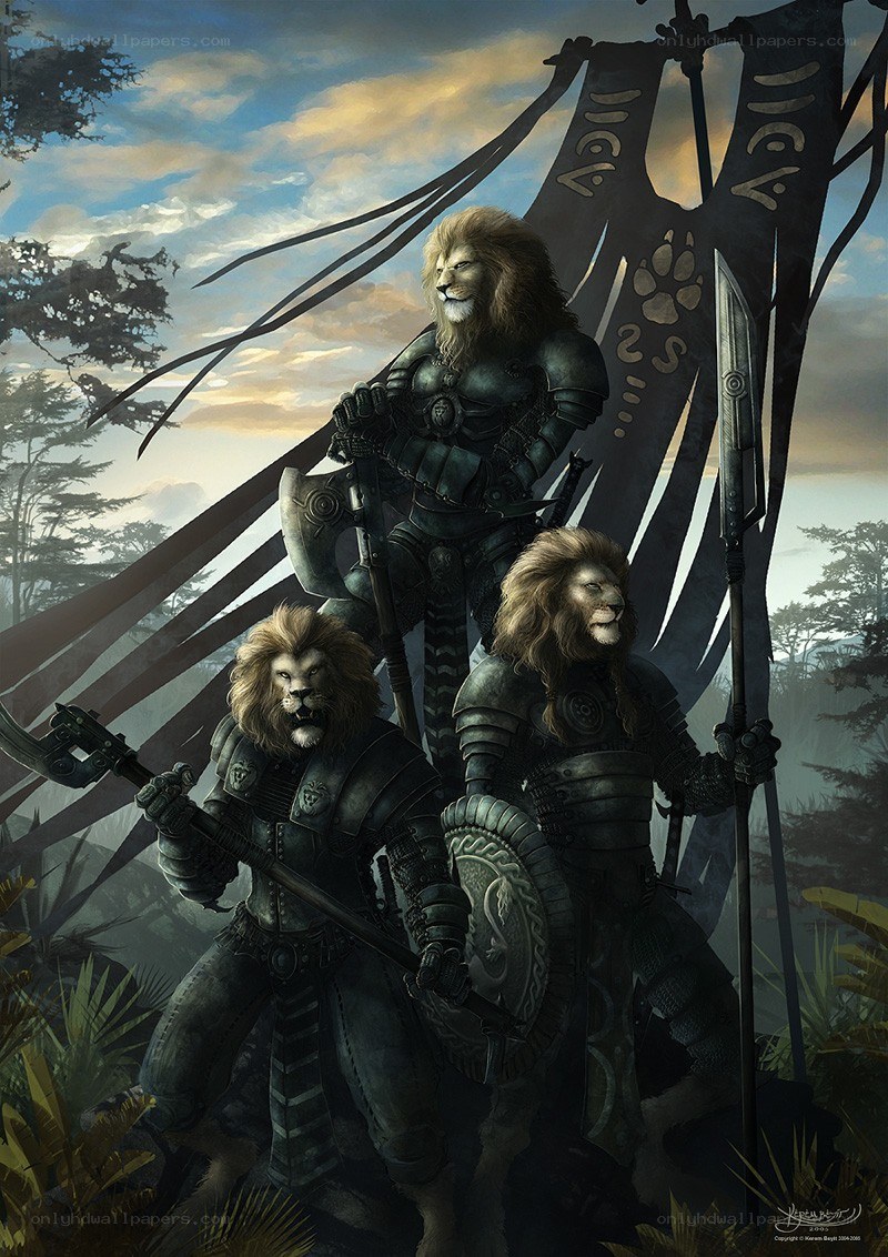 Lion warriors with banners