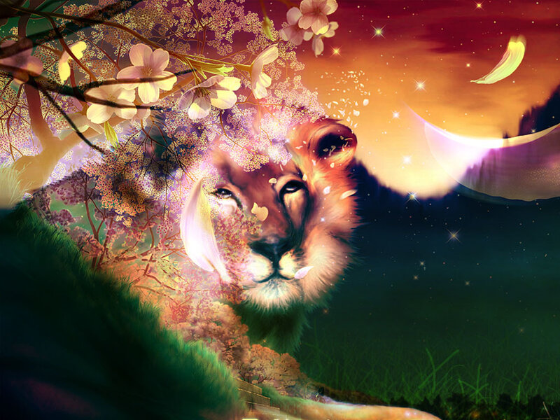 lion with cherry blossoms