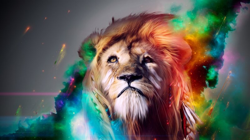 Lion with Colorful Mane — Green, Dramatic, Digital Art, Feathers