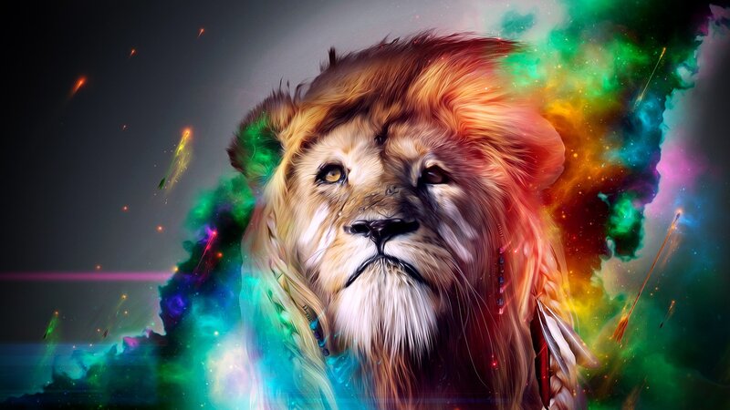 Lion with Colorful Mane — Green, Dramatic, Digital Art